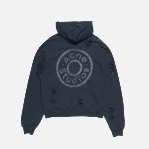 Acne Studios Distressed Zip-Up Cotton Hoodie – Dark Navy