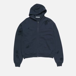 Acne Studios Distressed Zip-Up Cotton Hoodie – Dark Navy