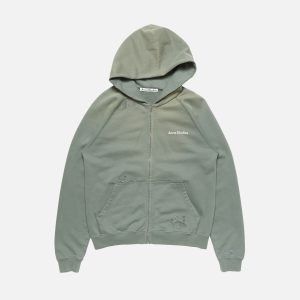 Acne Studios Distressed Zip-Up Cotton Hoodie – Faded Sage Green