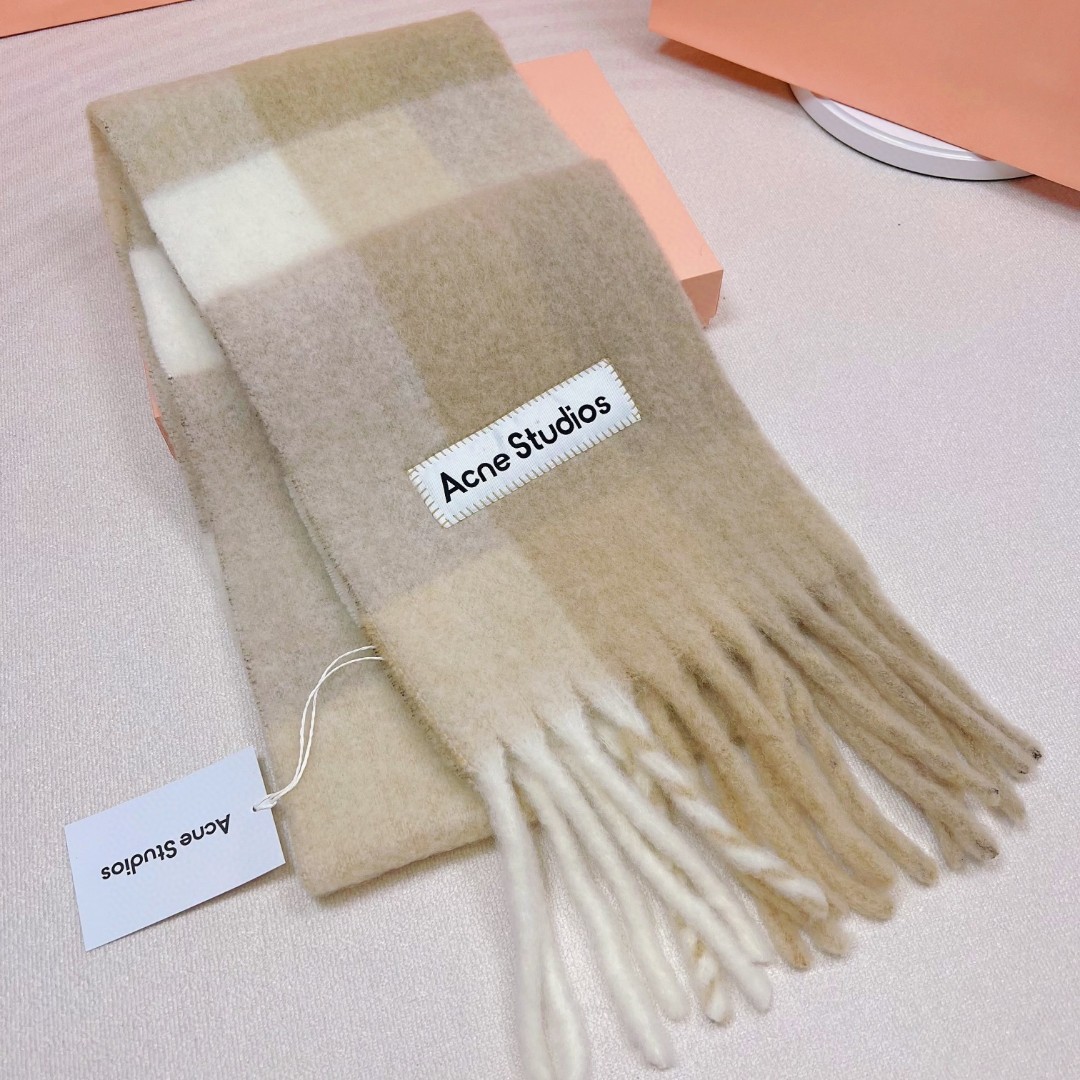 Acne Studios Tartan Checked Alpaca-Blend Scarf – Oat Beige - White Acne Studios Tartan Checked Alpaca-Blend Scarf – Oat Beige - White